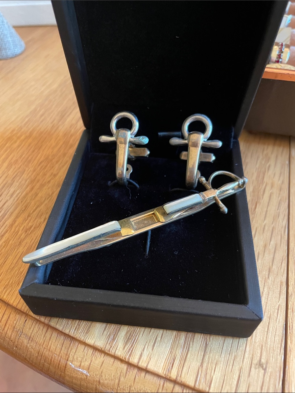 Swank Silver Sword Tie Bar and Anchor Cufflinks Set